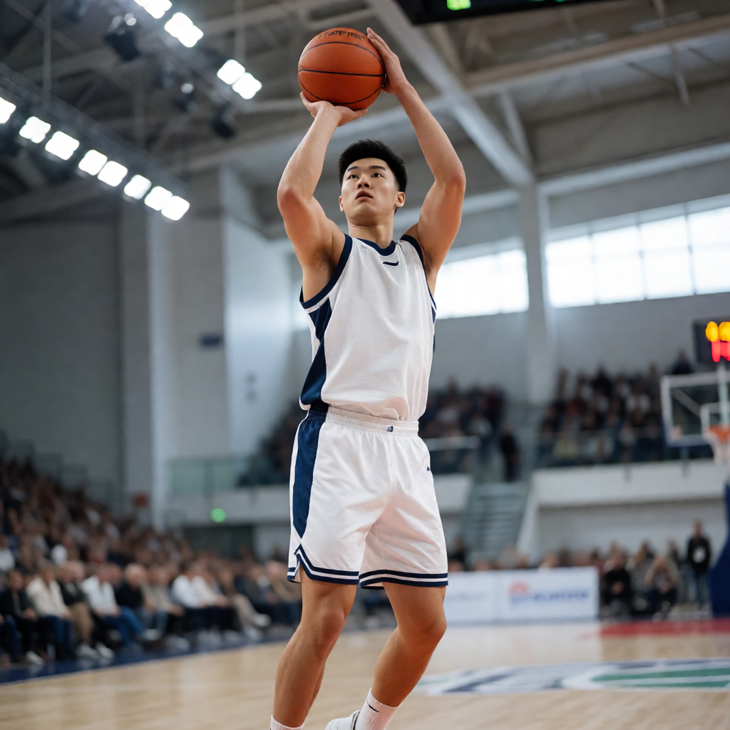 篮球比赛中，球员正在进行投篮动作